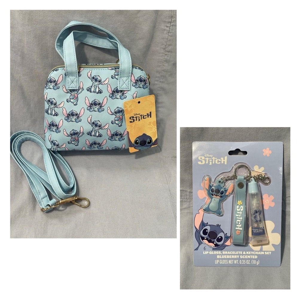 NEW Walt Disney Stitch Mini Blue Crossbody Bag Purse w/Strap & Lip Gloss Set
